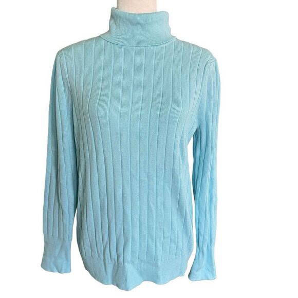 Talbots PUFF SLEEVE RIBBED TURTLENECK SWEATER Blue Sz Large Stretch Comfy - Picture 1 of 10